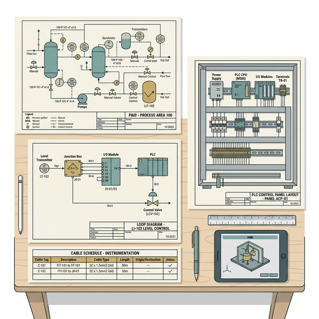 Engineering workspace with P&ID drawings, control system diagrams, and technical deliverables